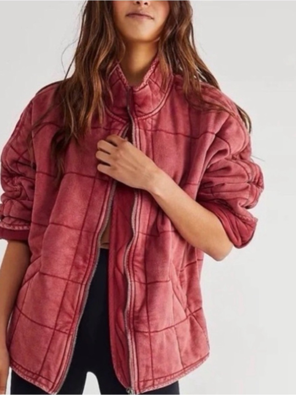Free People Quilted Faux-Suede Zip Jacket in Dusky Rose